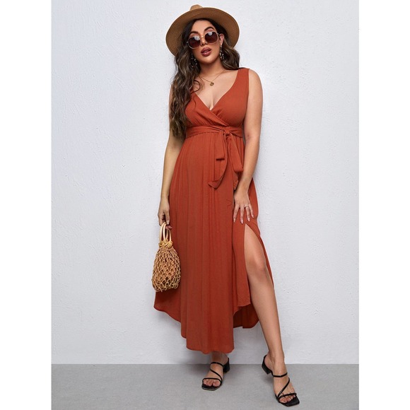 Maternity Solid Split Thigh Belted Dress - Picture 10 of 11